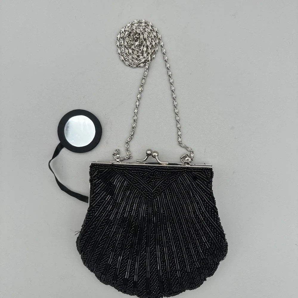 Apt. 9 Black Beaded Evening Clutch Purse Shell Design Kiss Lock Vintage Style 6